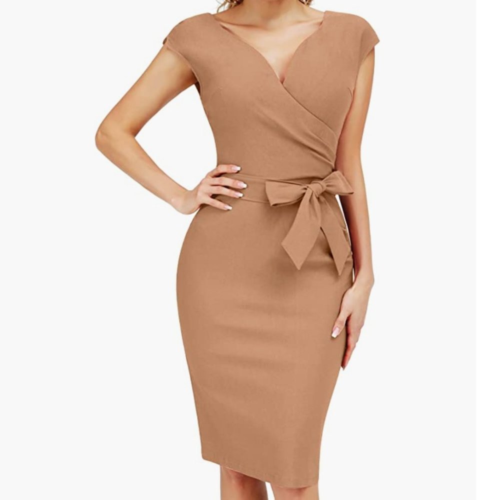 Camel Vintage 1950s Style Wrap V Neck Tie Waist Formal Midi Cocktail Dress
